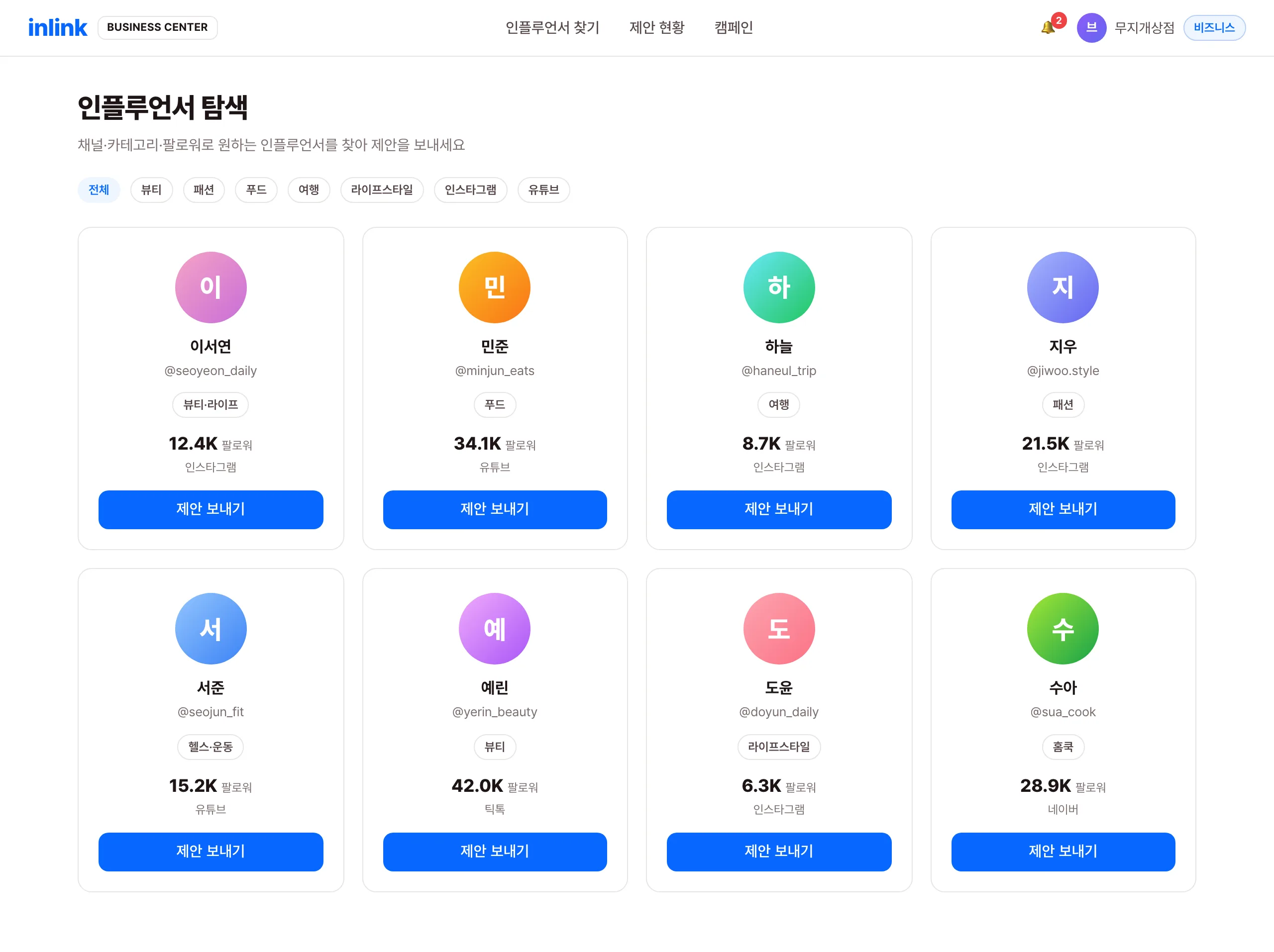 인플루언서 탐색 화면 — 채널·카테고리·팔로워로 검색하고 제안 보내기 (예시 화면)