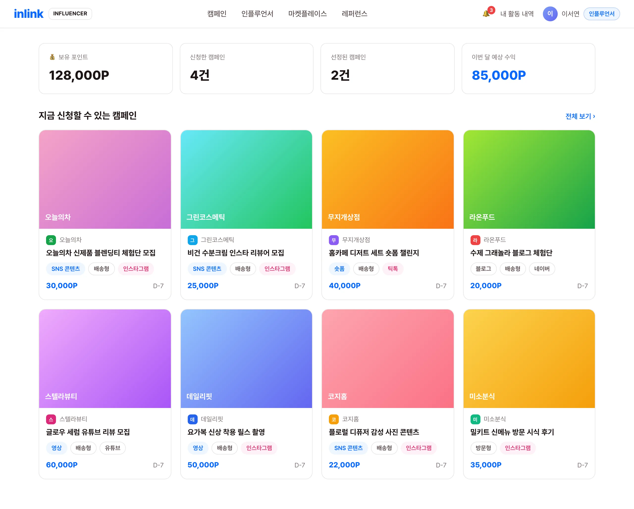인플루언서 홈 화면 — 신청할 수 있는 캠페인 목록과 내 포인트 요약 (예시 화면)